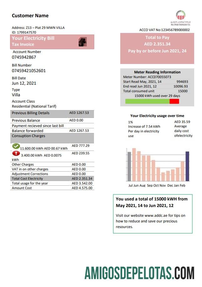 Em branco modelo de conta de serviços públicos de eletricidade para distribuição de Abu Dhabi nos Emirados Árabes Unidos em formato Word e PDF